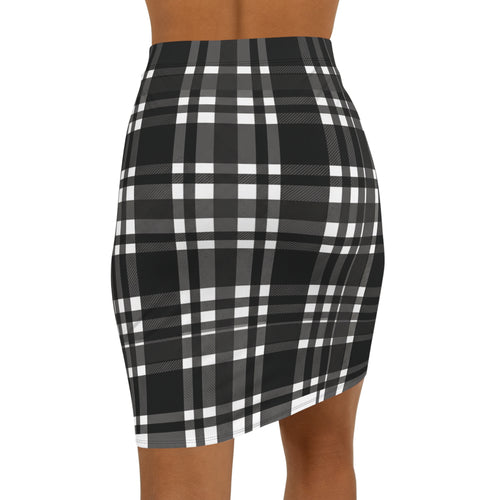 Black Plaid Mid-Waist Pencil Skirt