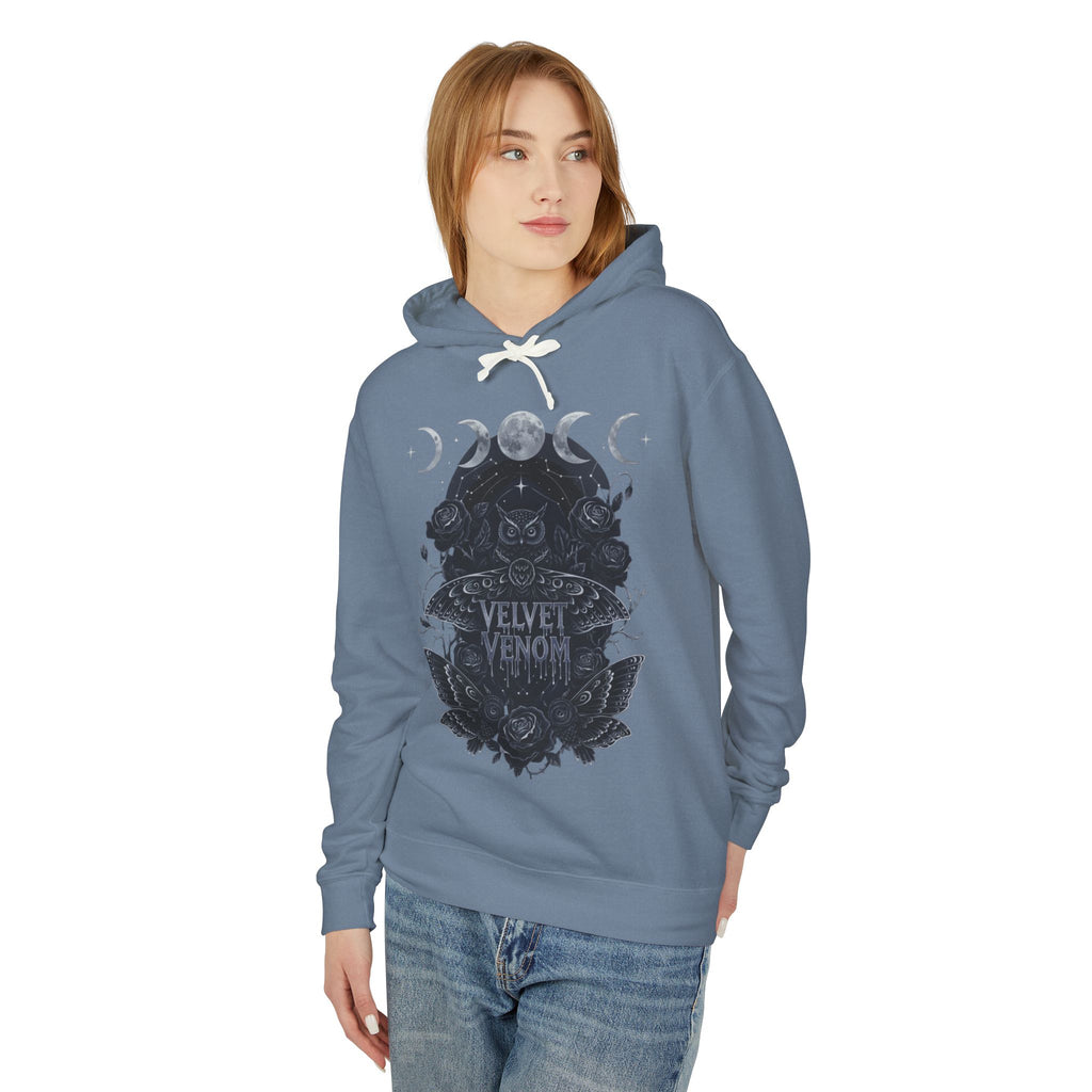 Velvet Venom Gothic Hoodie — Moon Phases Owl Graphic Sweatshirt