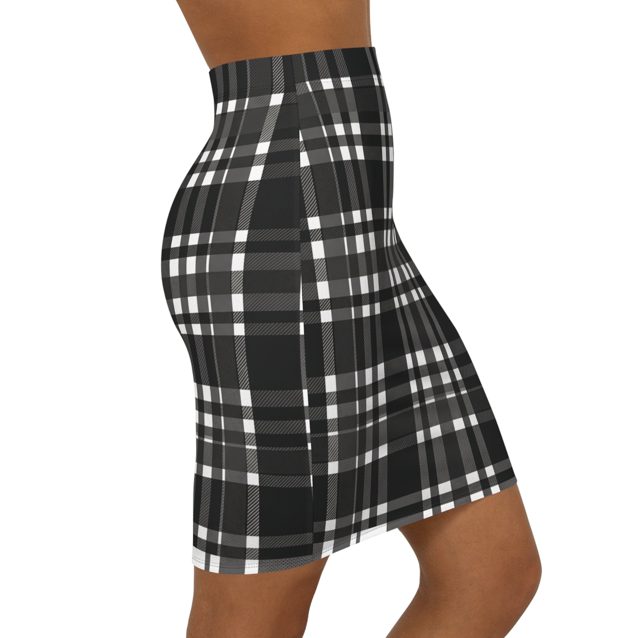 Black Plaid Mid-Waist Pencil Skirt
