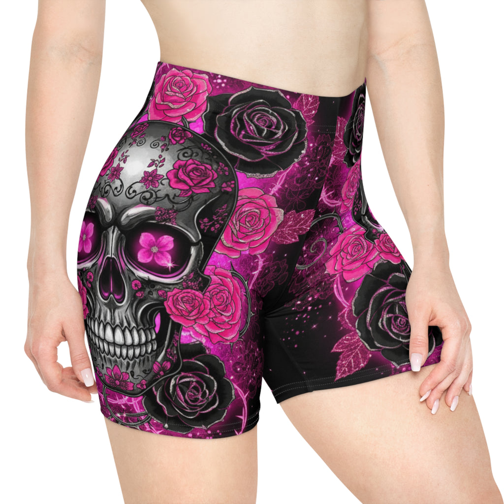 Pink Skulls and Roses Biker Shorts
