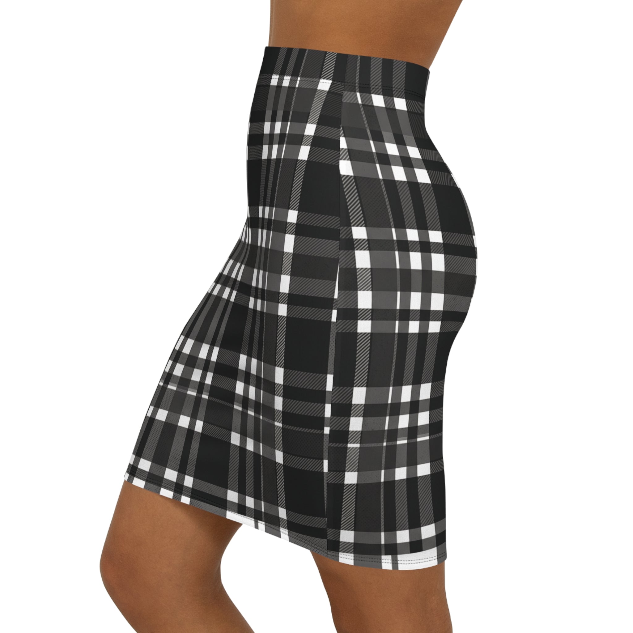 Black Plaid Mid-Waist Pencil Skirt