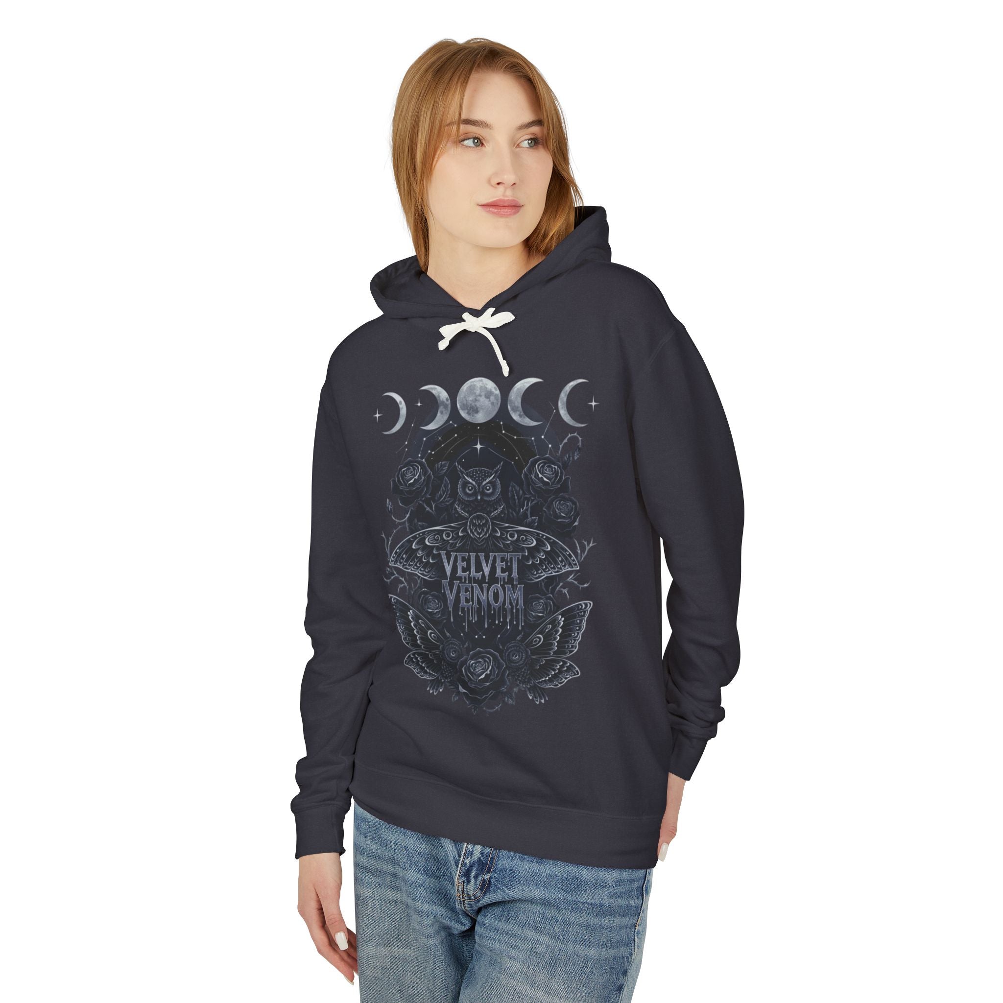 Velvet Venom Gothic Hoodie — Moon Phases Owl Graphic Sweatshirt