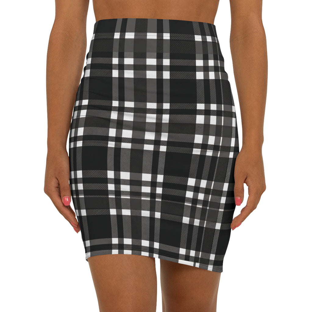 Black Plaid Mid-Waist Pencil Skirt