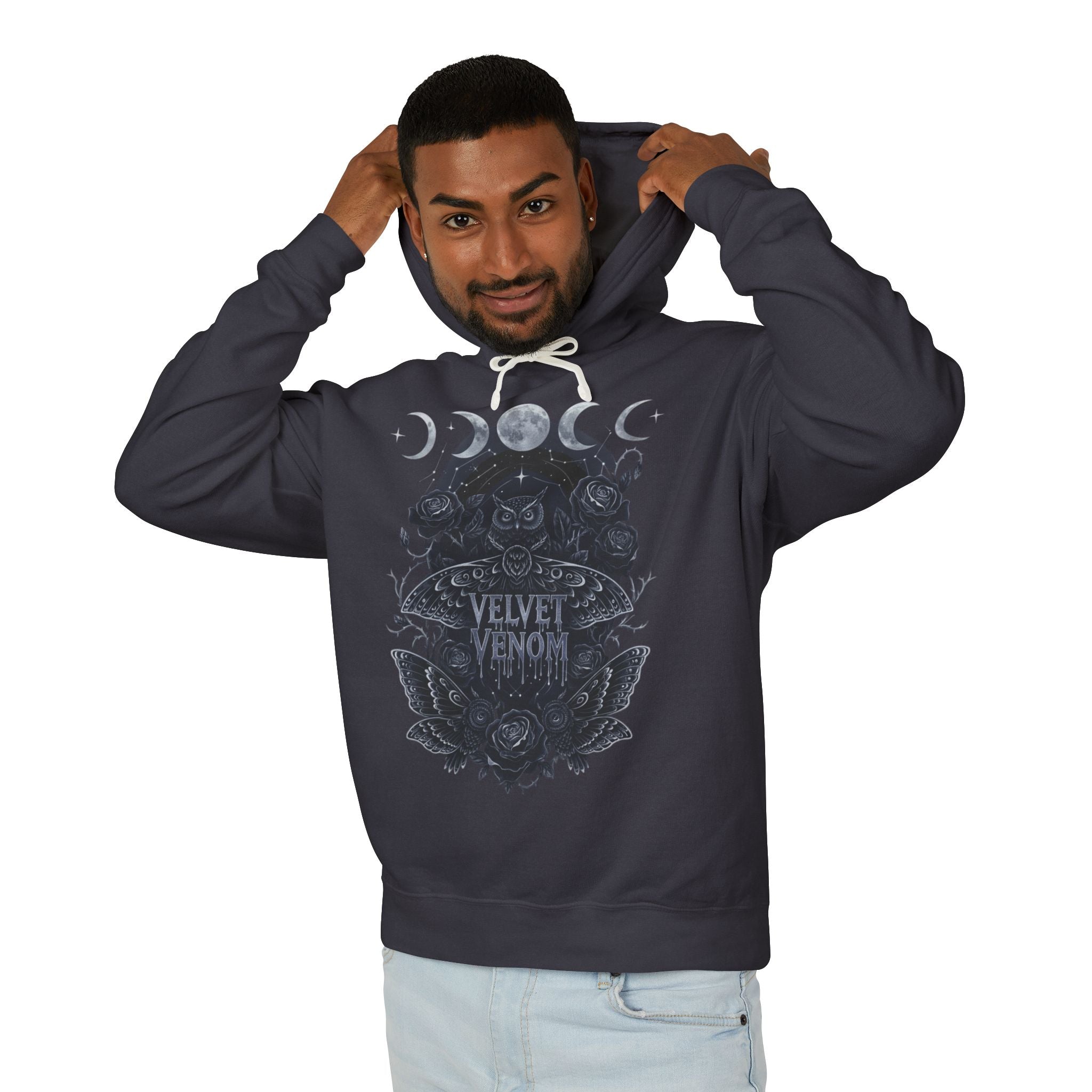 Velvet Venom Gothic Hoodie — Moon Phases Owl Graphic Sweatshirt