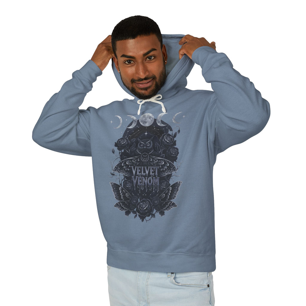 Velvet Venom Gothic Hoodie — Moon Phases Owl Graphic Sweatshirt