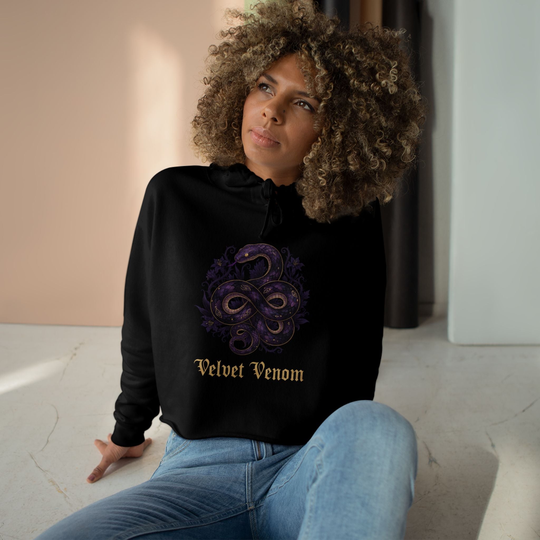 Velvet Venom Gothic Purple Snake Graphic Crop Hoodie