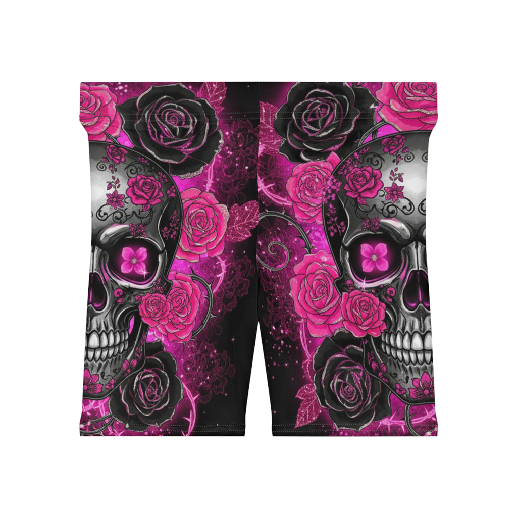 Pink Skulls and Roses Biker Shorts