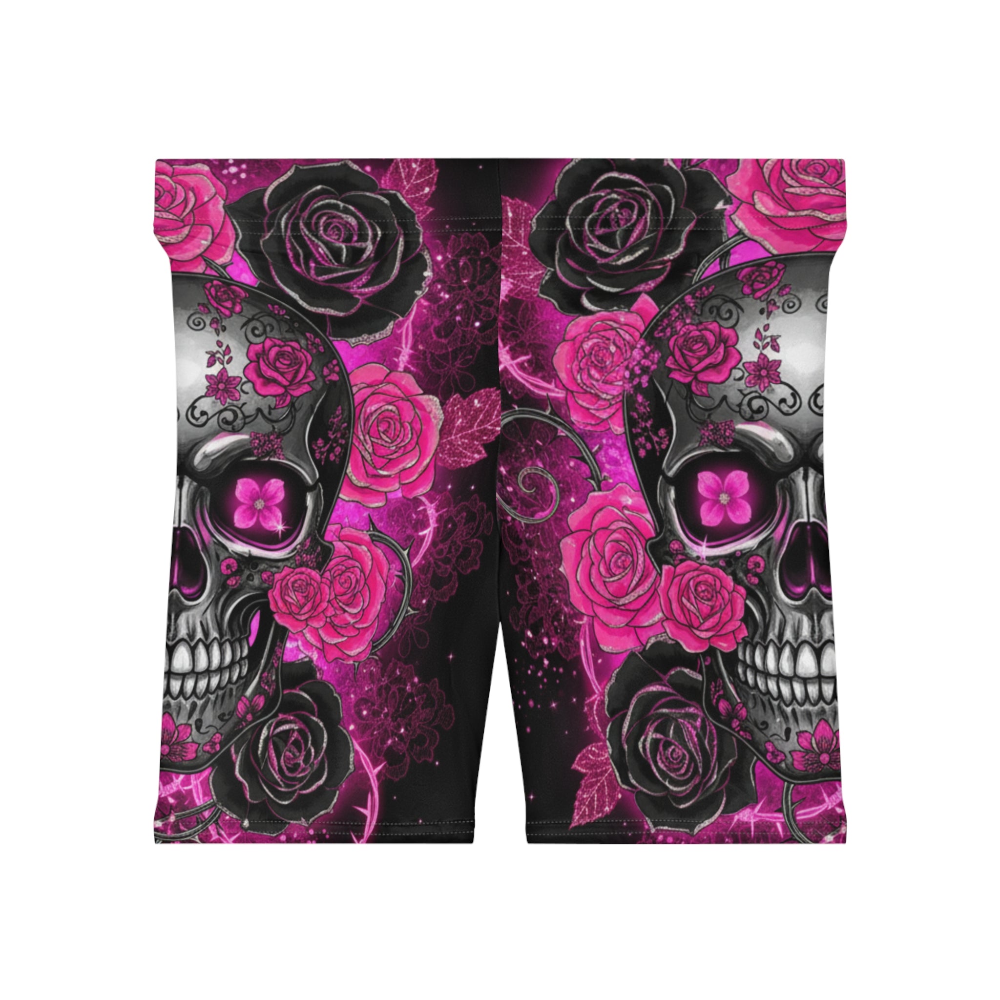 Pink Skulls and Roses Biker Shorts