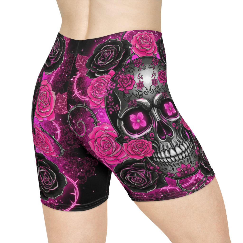 Pink Skulls and Roses Biker Shorts